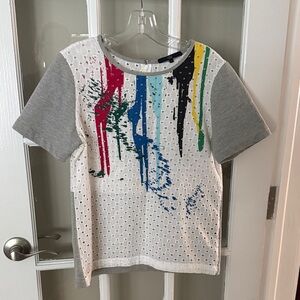 Tibi Women's Top Tee with Colorful Drip Design and Gray Sleeves size Small